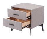 20" Gray and Black Fabric Wood and Steel End Table With Two Drawers