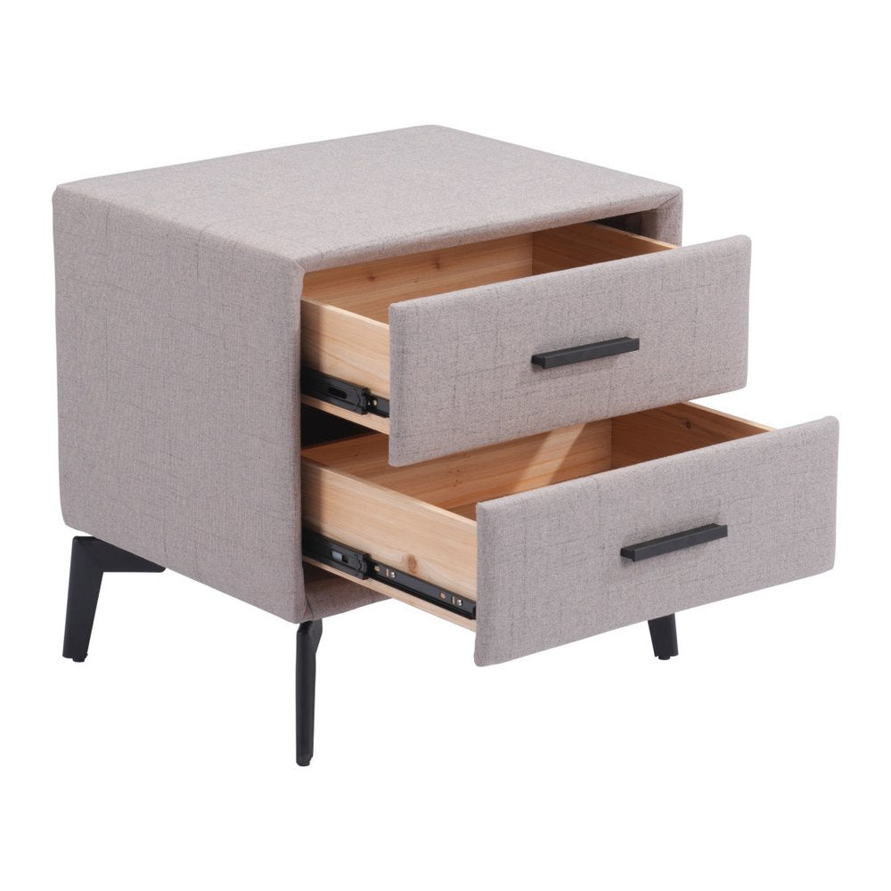 20" Gray and Black Fabric Wood and Steel End Table With Two Drawers