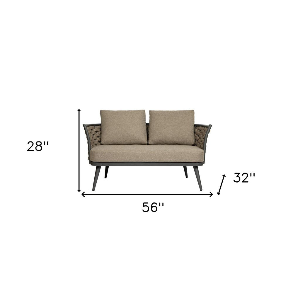 56" Dark Gray Aluminum Outdoor Love Seat with Taupe Cushions