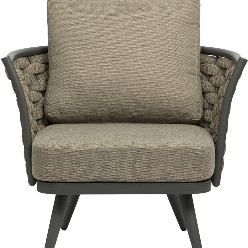 32" Gray And Taupe Woven Aluminum Outdoor Arm Chair with Taupe Cushion