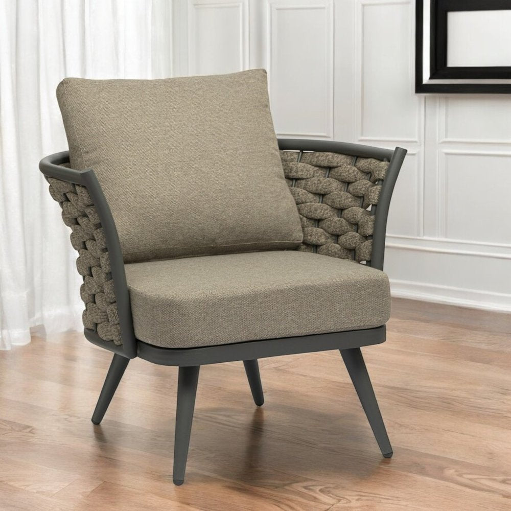 32" Gray And Taupe Woven Aluminum Outdoor Arm Chair with Taupe Cushion