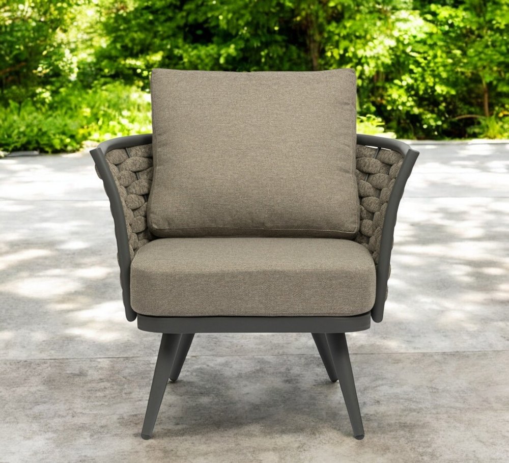 32" Gray And Taupe Woven Aluminum Outdoor Arm Chair with Taupe Cushion