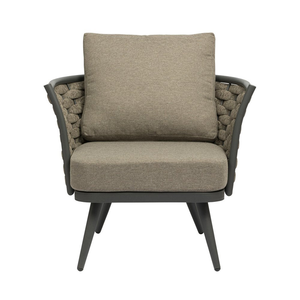 32" Gray And Taupe Woven Aluminum Outdoor Arm Chair with Taupe Cushion