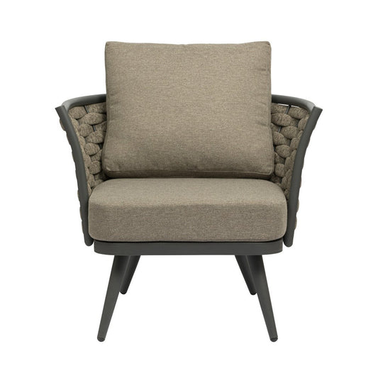 32" Gray And Taupe Woven Aluminum Outdoor Arm Chair with Taupe Cushion