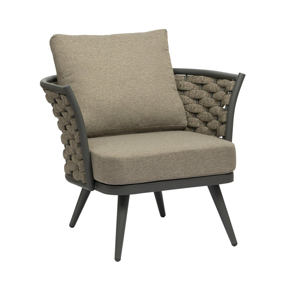 32" Gray And Taupe Woven Aluminum Outdoor Arm Chair with Taupe Cushion