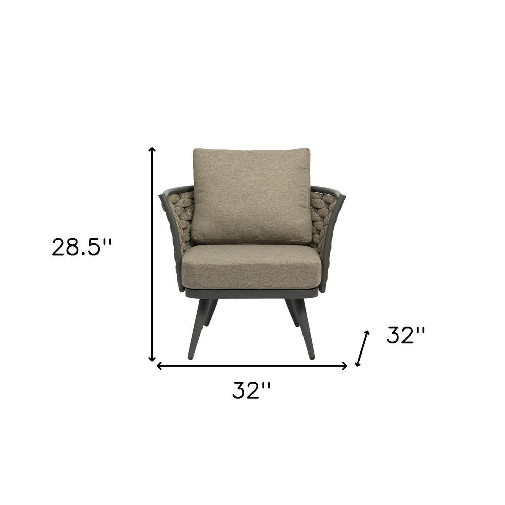 32" Gray And Taupe Woven Aluminum Outdoor Arm Chair with Taupe Cushion