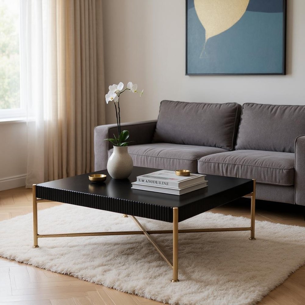 42" Black and Gold Solid Wood and Steel Square Coffee Table