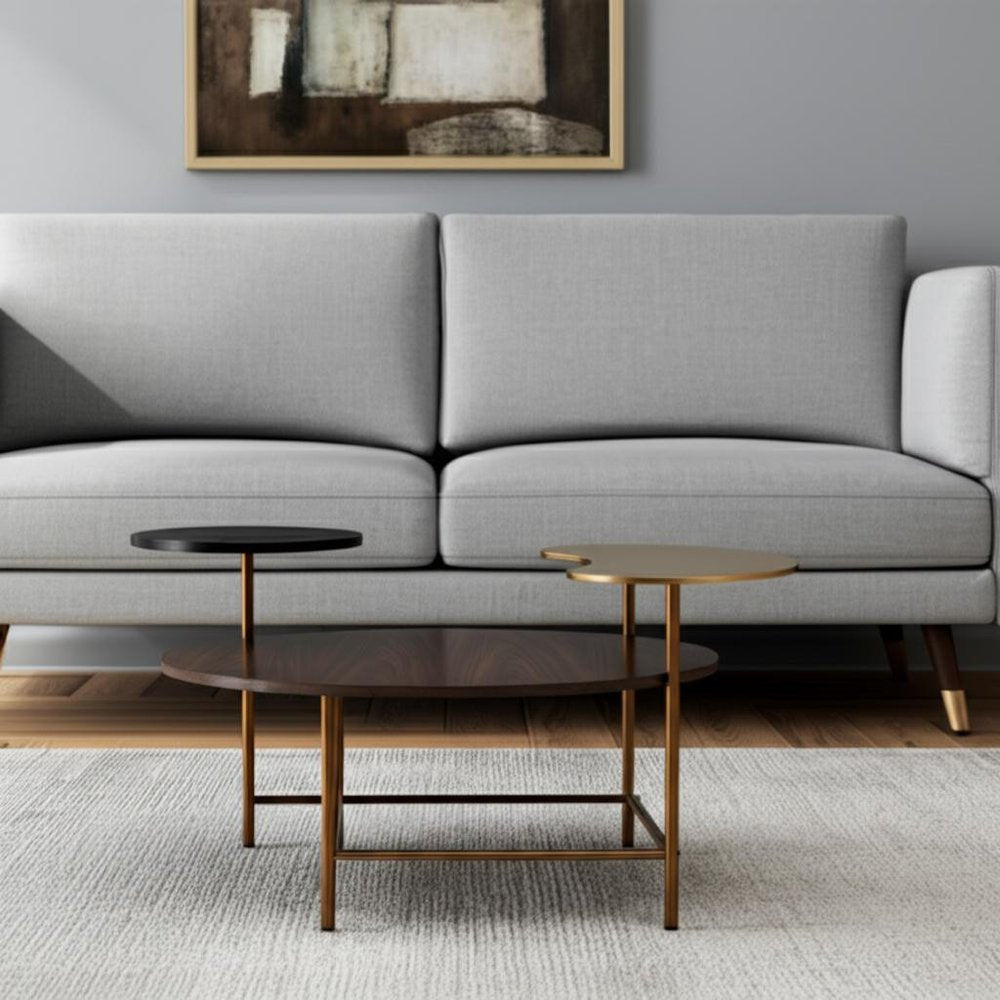 55" Brown Black and Gold Wood and Steel Three Tier Coffee Table