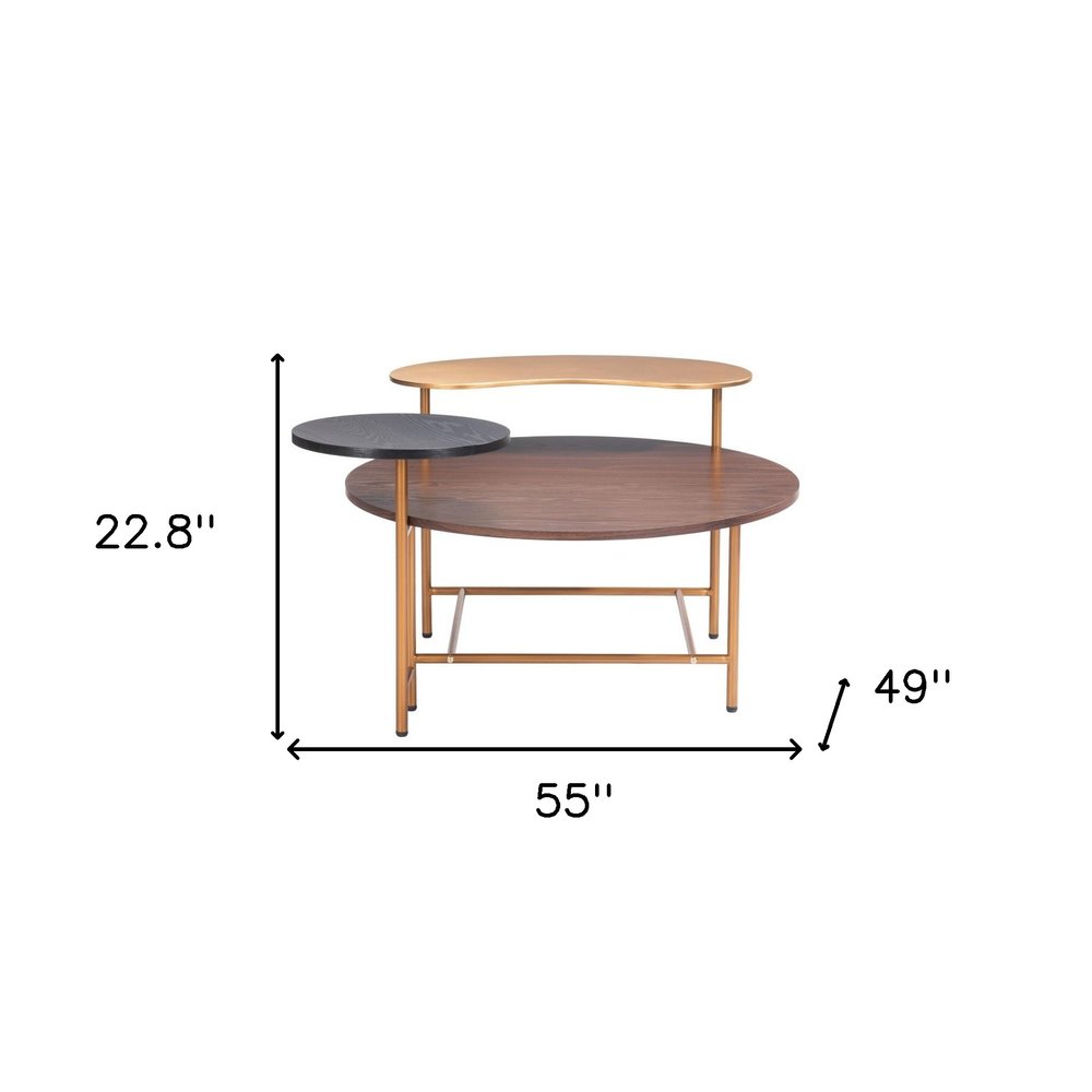 55" Brown Black and Gold Wood and Steel Three Tier Coffee Table