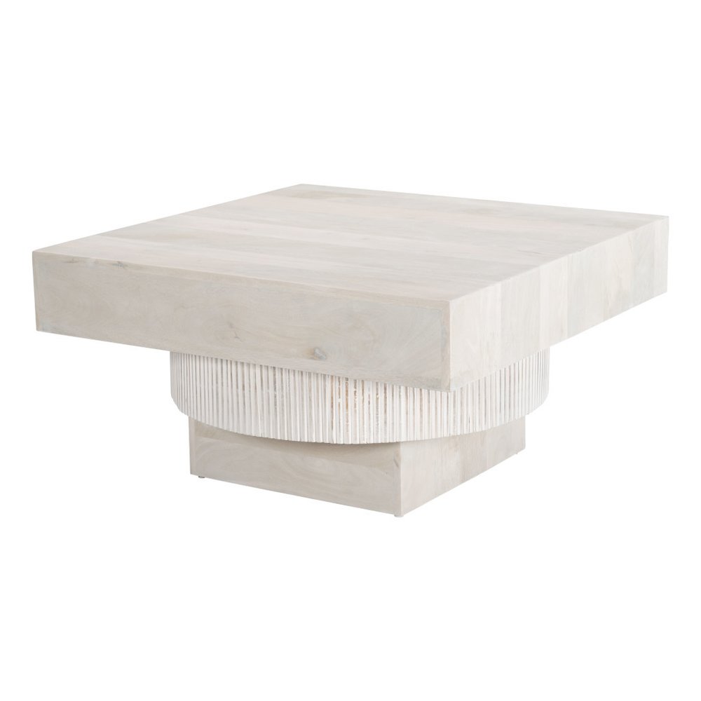 36" Natural White Solid Wood Square Geo Pedestal Coffee Table