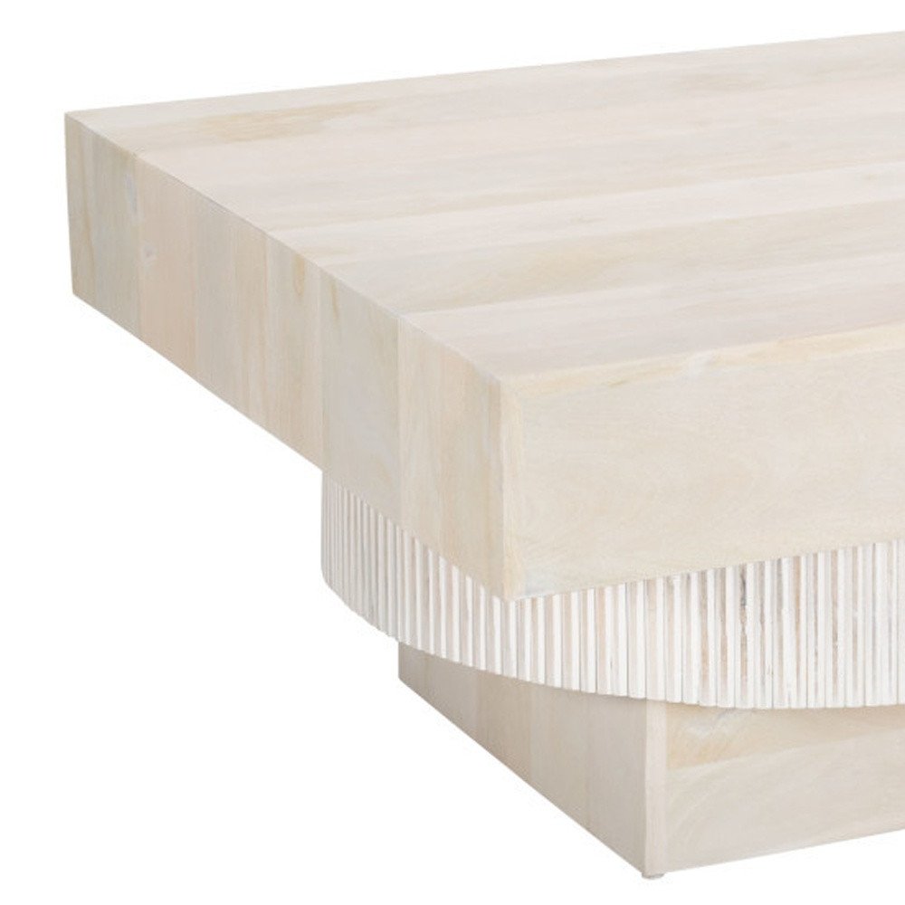 36" Natural White Solid Wood Square Geo Pedestal Coffee Table