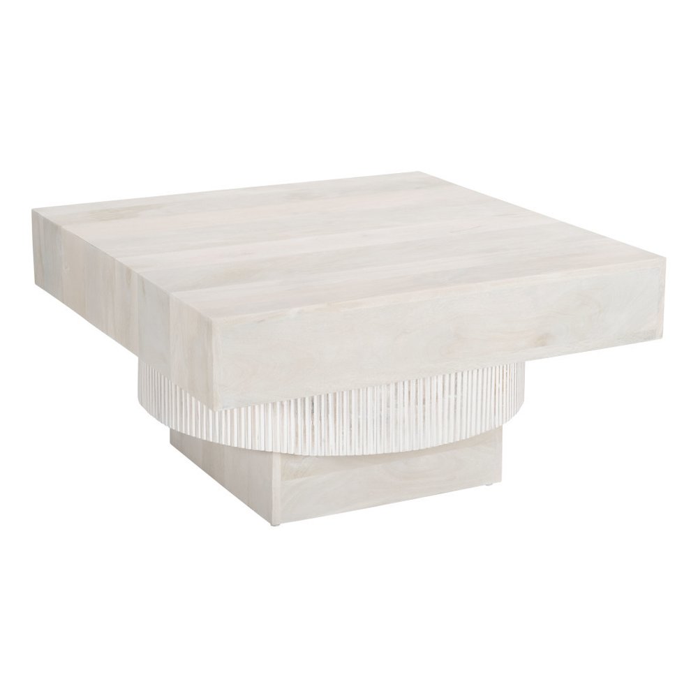36" Natural White Solid Wood Square Geo Pedestal Coffee Table