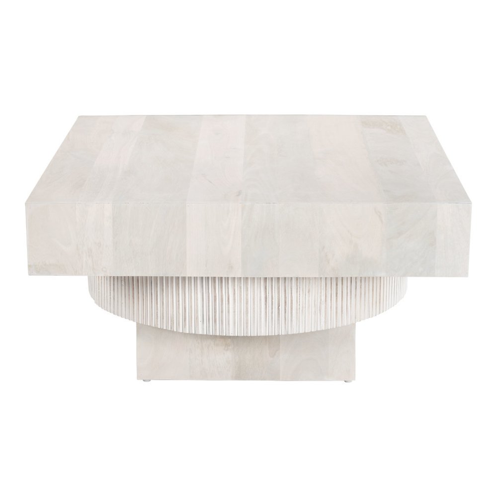 36" Natural White Solid Wood Square Geo Pedestal Coffee Table