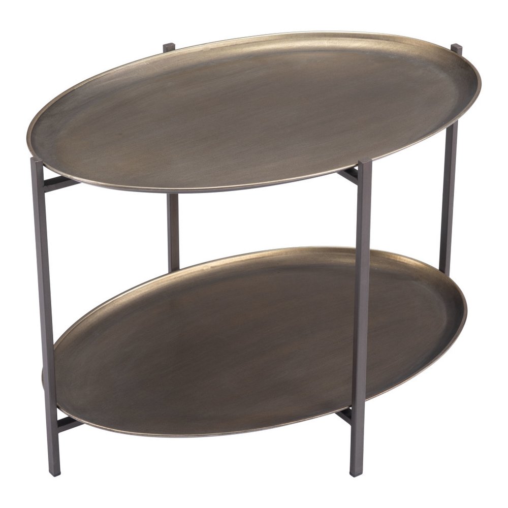 26" Antiqued Bronze and Black Steel Oval Two Tier Coffee Table
