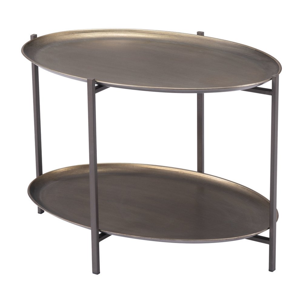 26" Antiqued Bronze and Black Steel Oval Two Tier Coffee Table