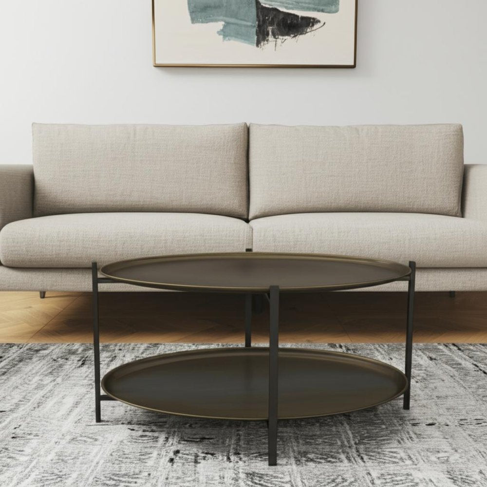 26" Antiqued Bronze and Black Steel Oval Two Tier Coffee Table