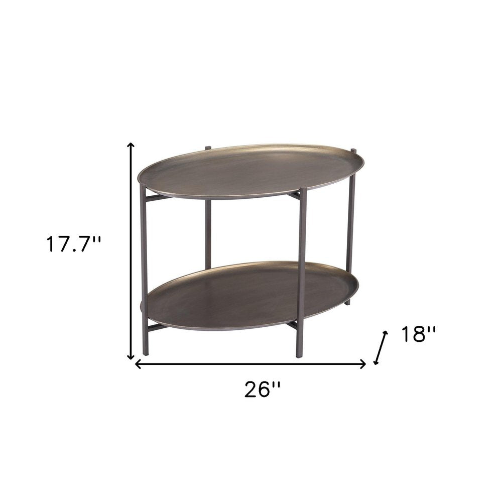 26" Antiqued Bronze and Black Steel Oval Two Tier Coffee Table
