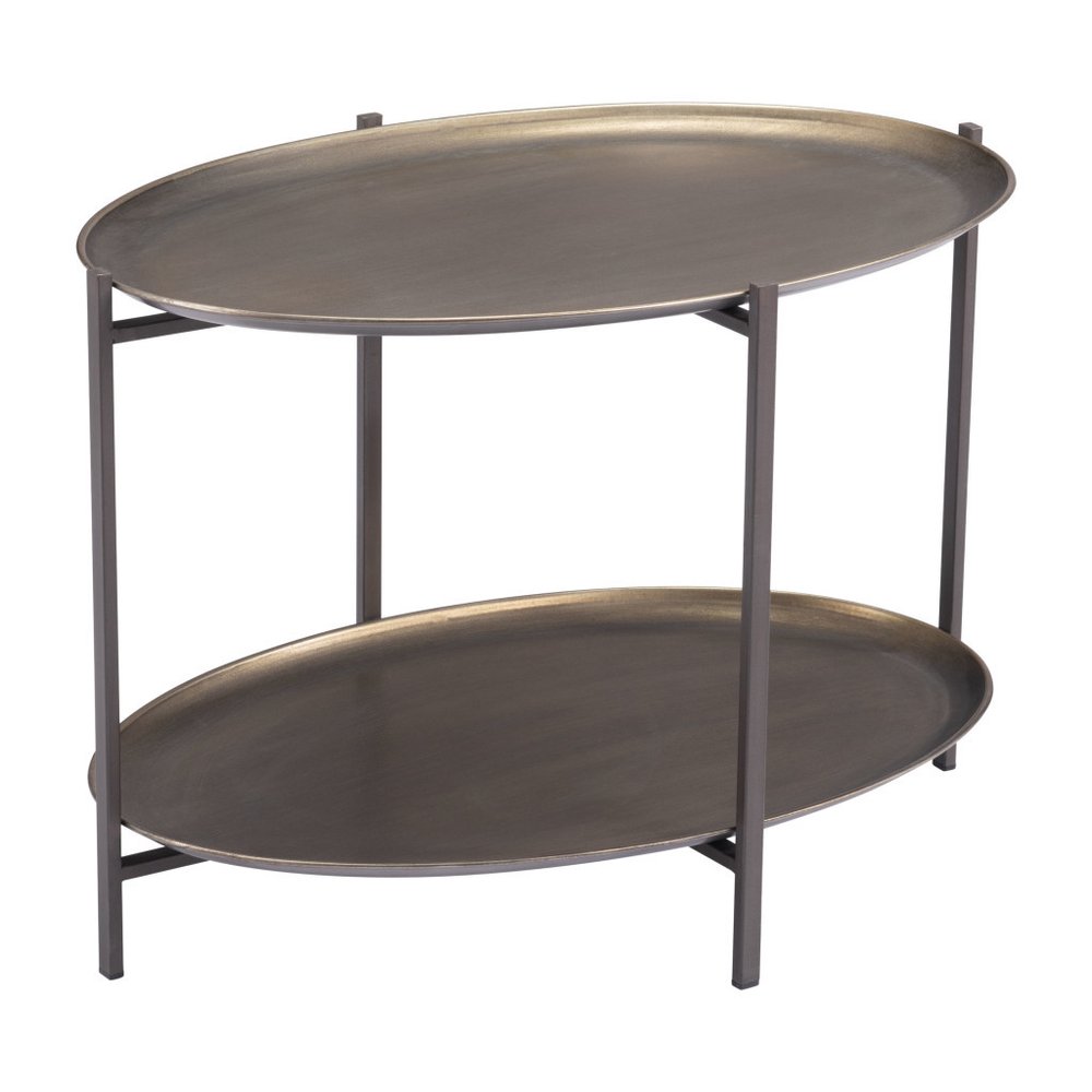 26" Antiqued Bronze and Black Steel Oval Two Tier Coffee Table