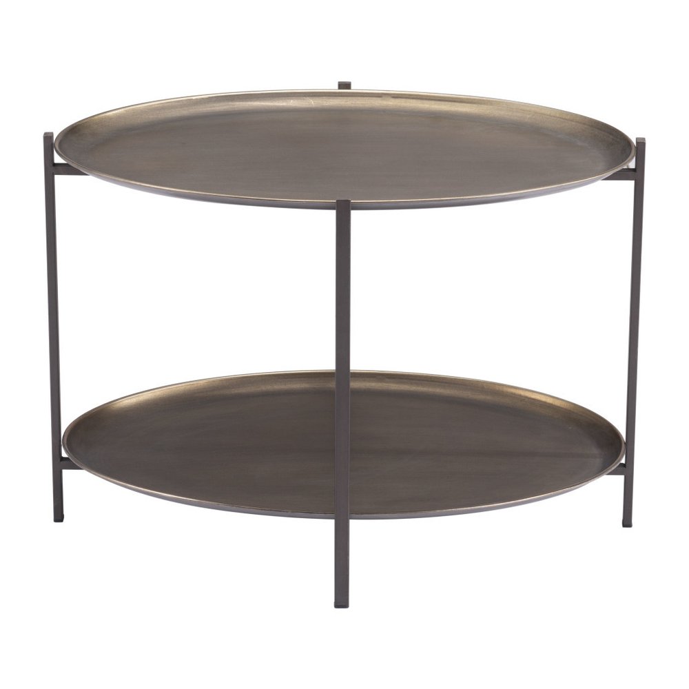 26" Antiqued Bronze and Black Steel Oval Two Tier Coffee Table