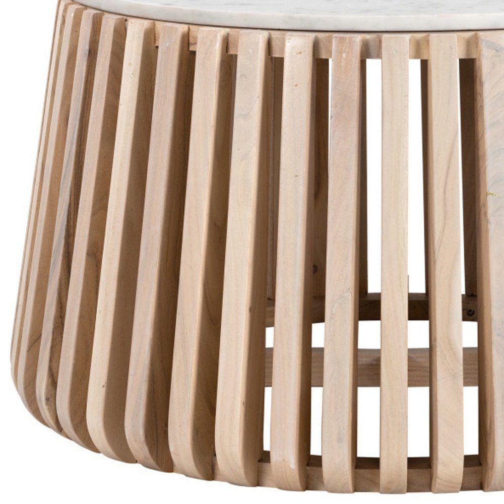 34" White and Natural Genuine Marble and Wood Round Drum Coffee Table