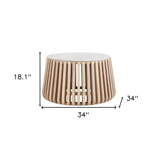 34" White and Natural Genuine Marble and Wood Round Drum Coffee Table