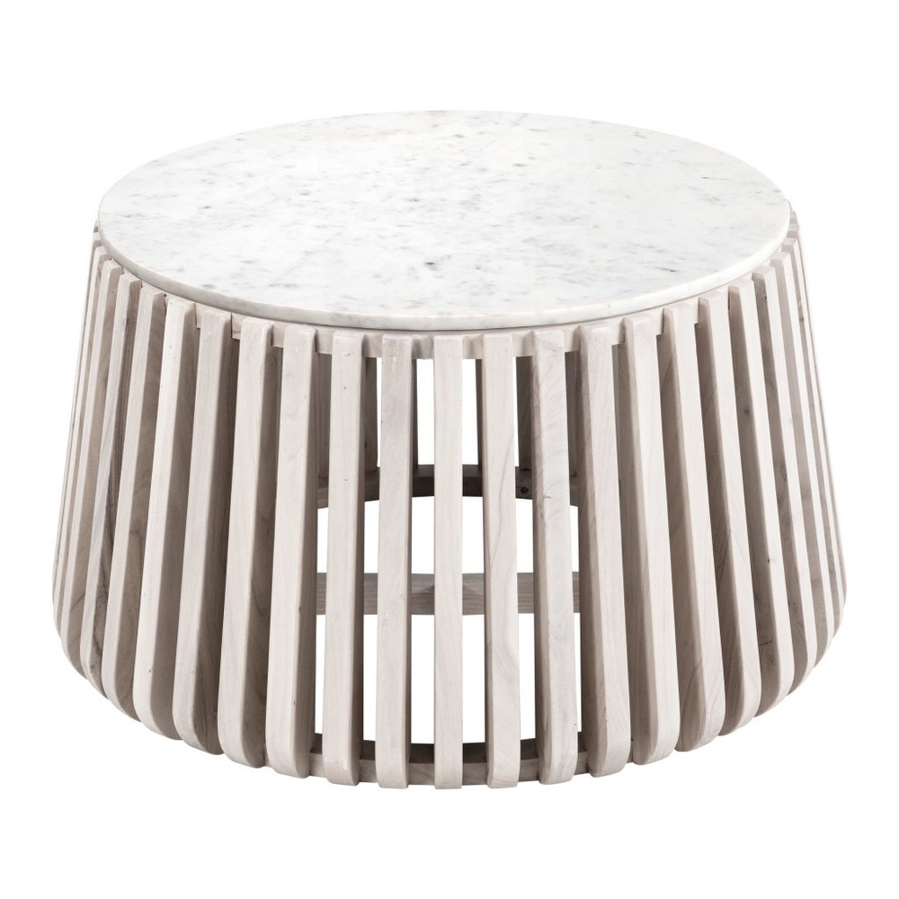 34" White and Natural Genuine Marble and Wood Round Drum Coffee Table