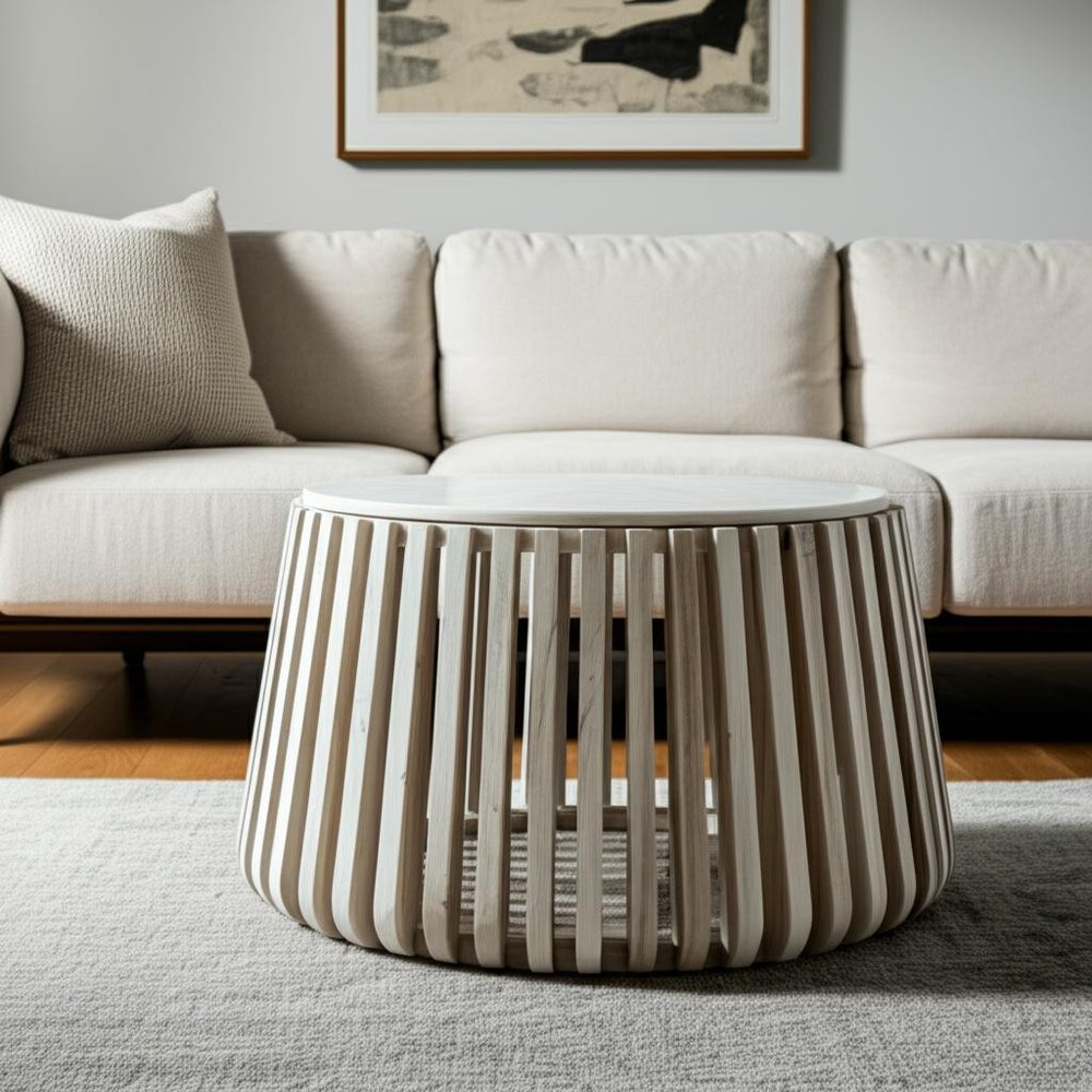 34" White and Natural Genuine Marble and Wood Round Drum Coffee Table