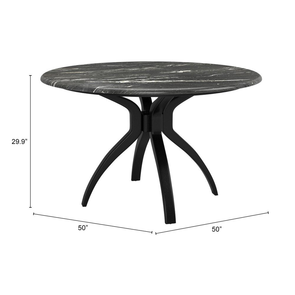 50" Black Faux Marble and Steel Pedestal Base Round Top Dining Table