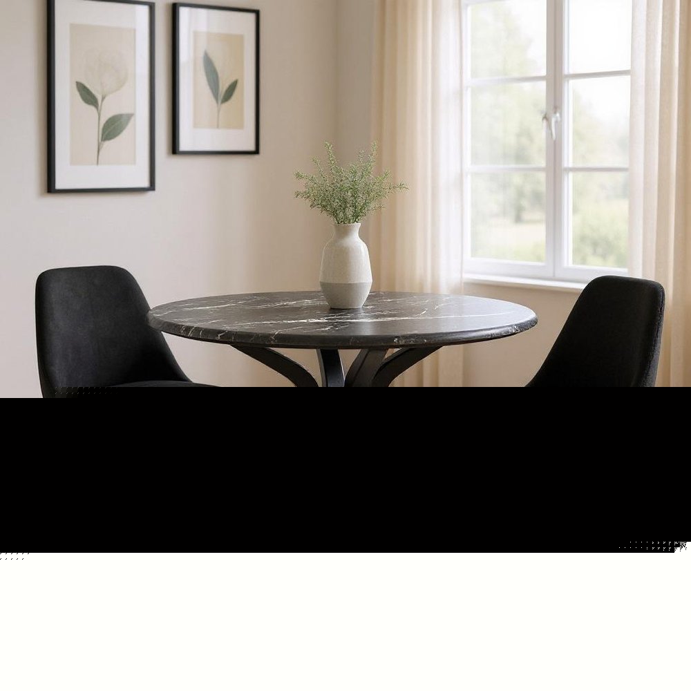 50" Black Faux Marble and Steel Pedestal Base Round Top Dining Table