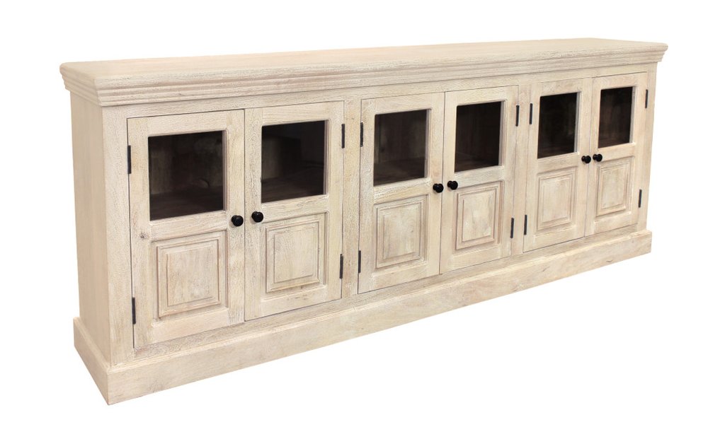 93" Antiqued White Distressed Solid Wood Sideboard with Six Glass Doors