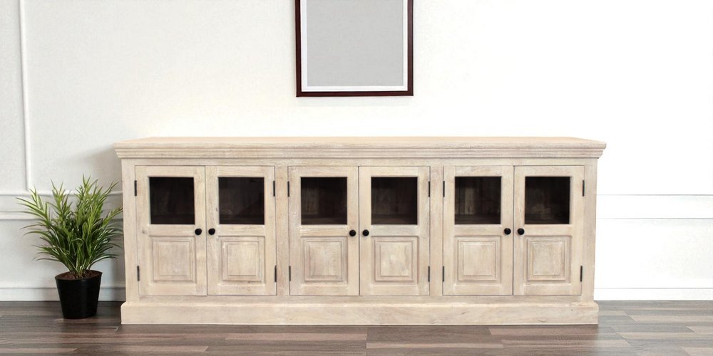 93" Antiqued White Distressed Solid Wood Sideboard with Six Glass Doors