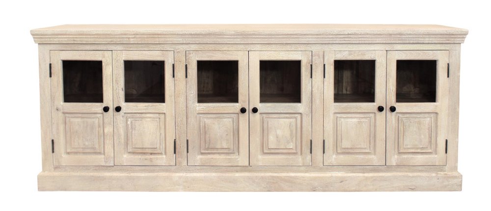 93" Antiqued White Distressed Solid Wood Sideboard with Six Glass Doors