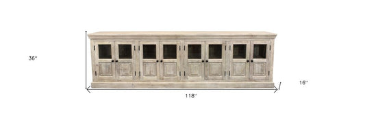 118" Antiqued White Distressed Solid Wood Sideboard with 8 Glass Doors