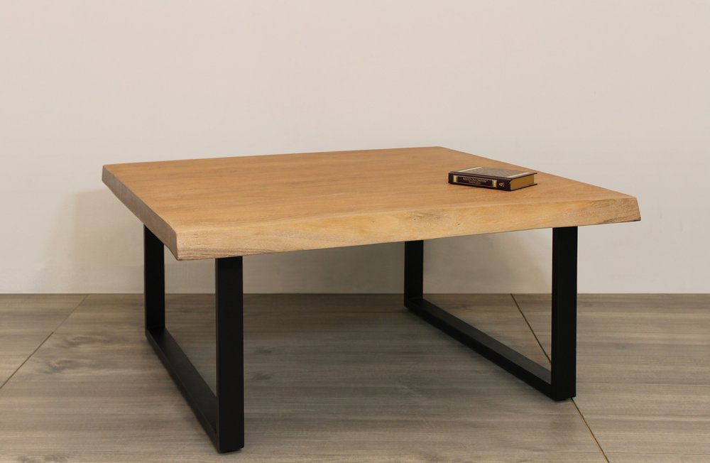 39" Natural And Black Solid Wood And Iron Square Distressed Coffee Table