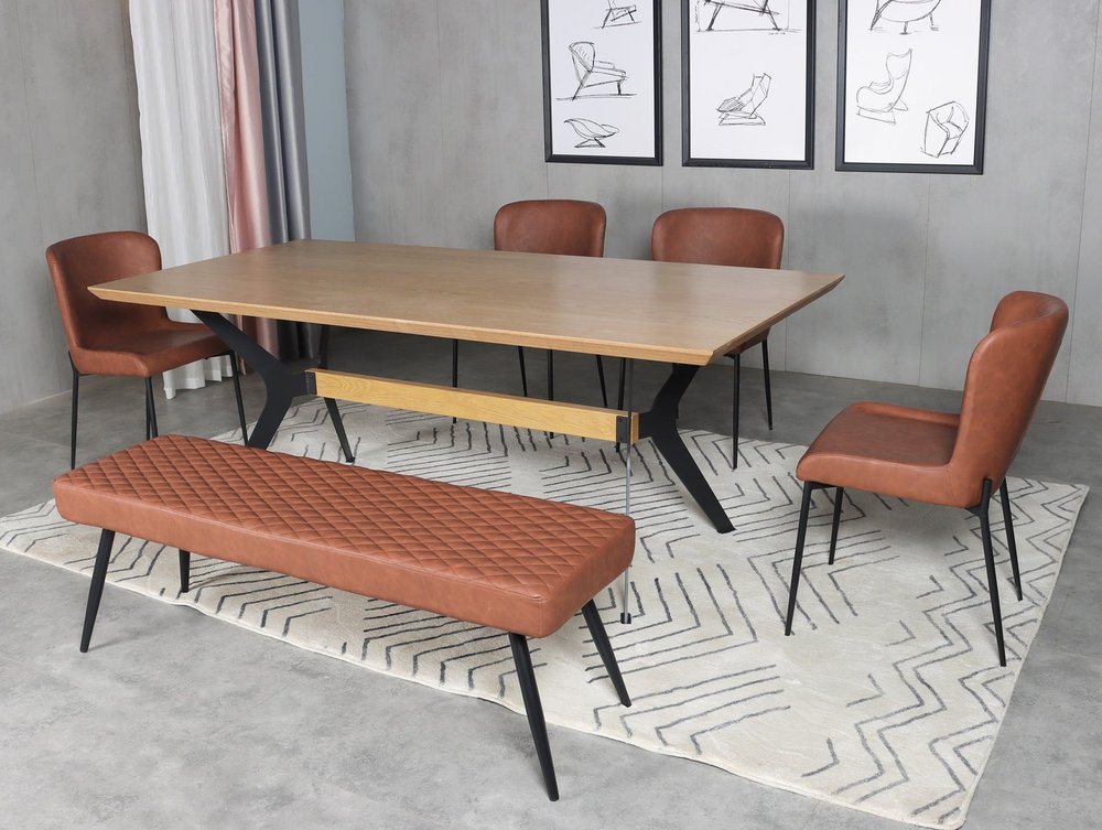 79" Brown and Red Wood and Metal Trestle Base Dining Table