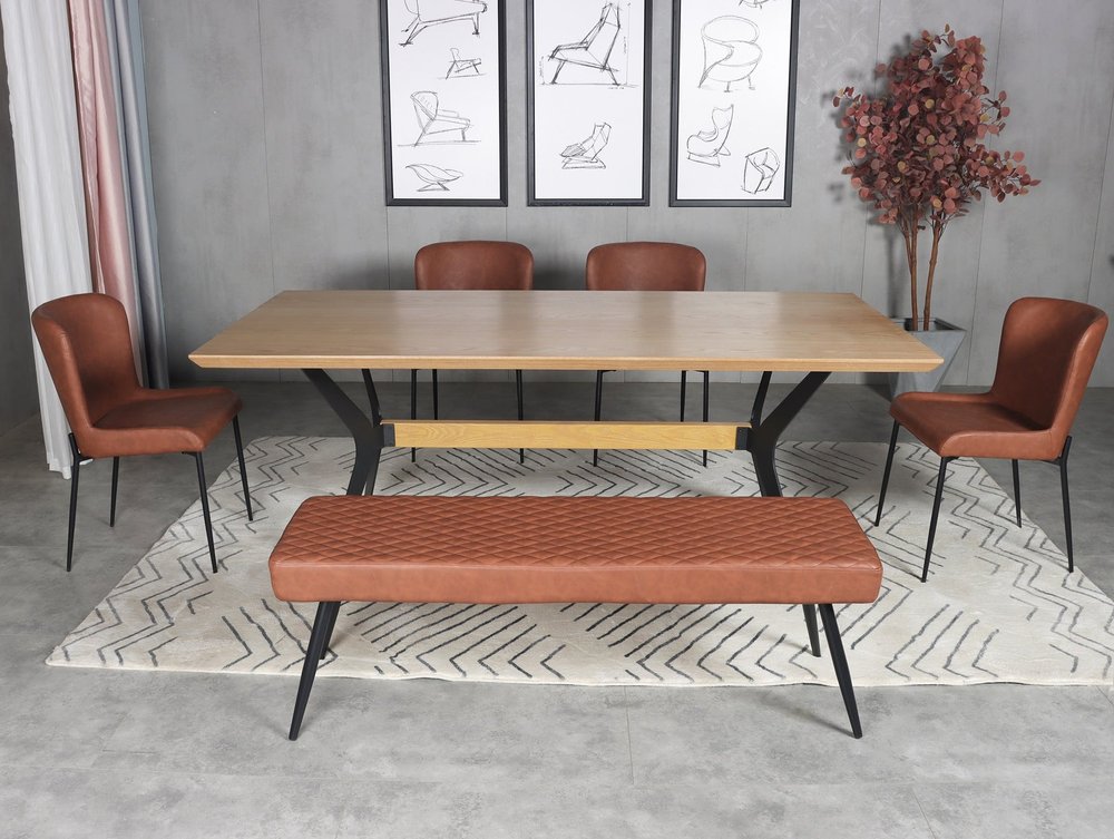 79" Brown and Red Wood and Metal Trestle Base Dining Table