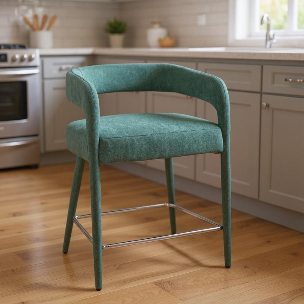 25" Teal Blue Fabric And Metal Low Back Counter Height Bar Chair