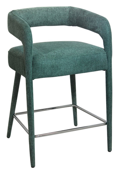 25" Teal Blue Fabric And Metal Low Back Counter Height Bar Chair