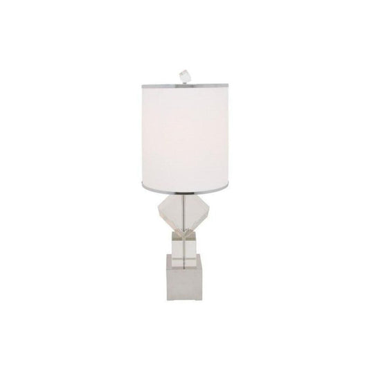 31" Clear And Silver Faux Crystal Geometric Table Lamp LED With White Drum Shade