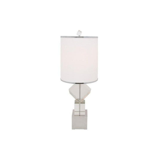 31" Clear And Silver Faux Crystal Geometric Table Lamp LED With White Drum Shade