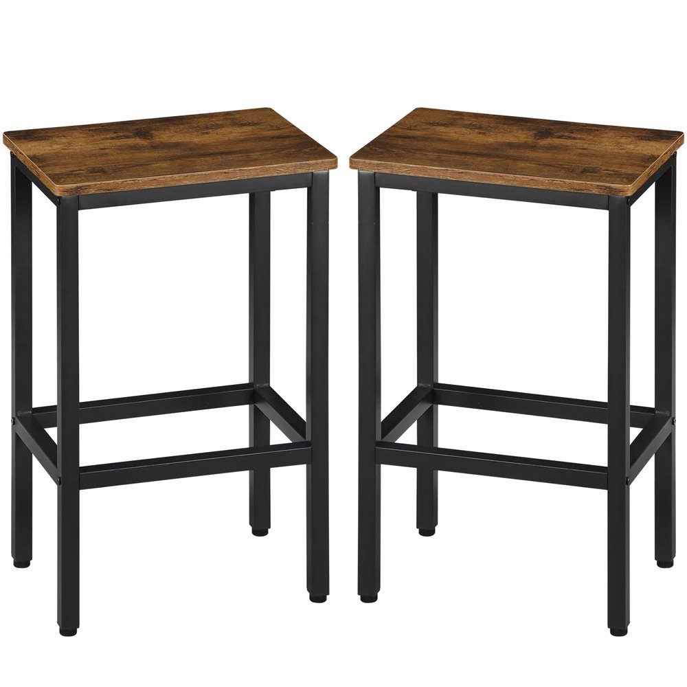 Set of Two 26" Brown and Black Steel and Wood Backless Counter Height Bar Chairs