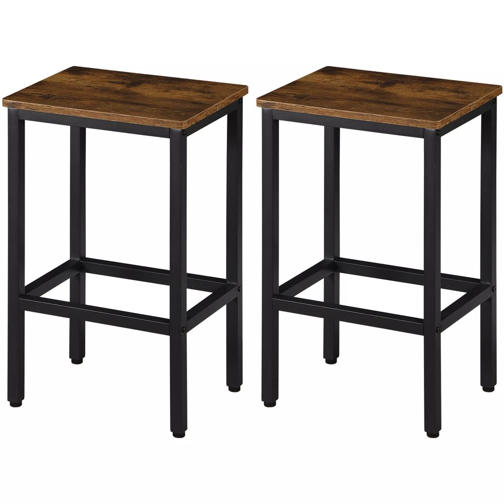 Set of Two 26" Brown and Black Steel and Wood Backless Counter Height Bar Chairs