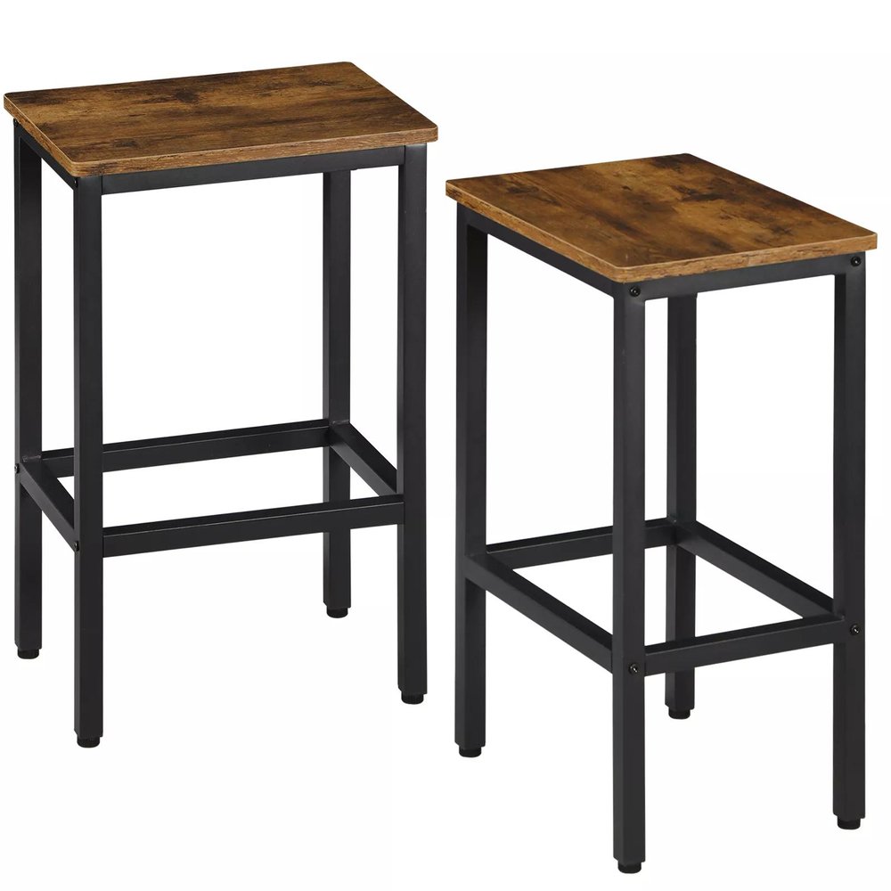 Set of Two 26" Brown and Black Steel and Wood Backless Counter Height Bar Chairs