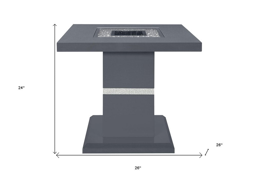 24" Dark Gray and Silver Faux Crystals Glass and Wood Square Pedestal End Table