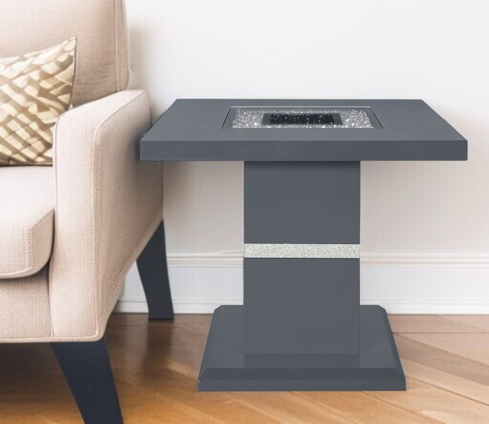 24" Dark Gray and Silver Faux Crystals Glass and Wood Square Pedestal End Table