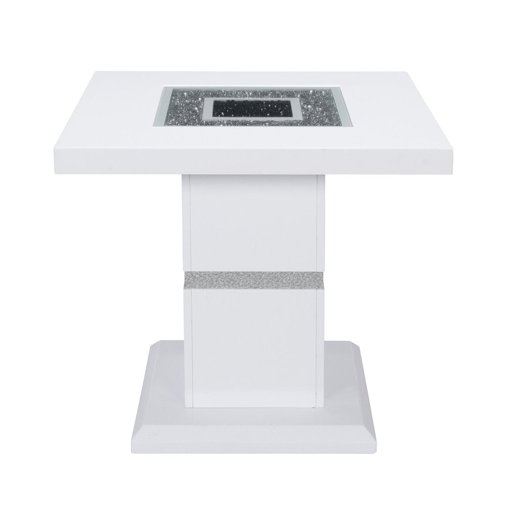 24" White and Silver Glass and Wood Faux Crystal Bling Square Pedestal End Table