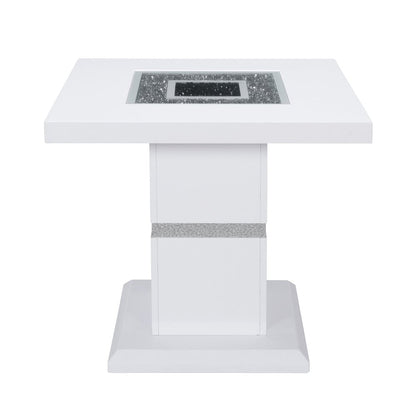 24" White and Silver Glass and Wood Faux Crystal Bling Square Pedestal End Table