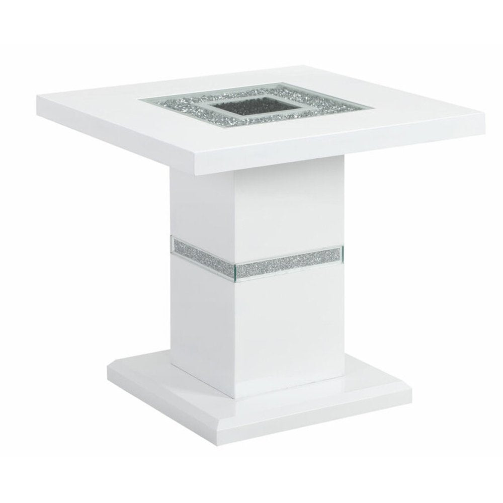 24" White and Silver Glass and Wood Faux Crystal Bling Square Pedestal End Table