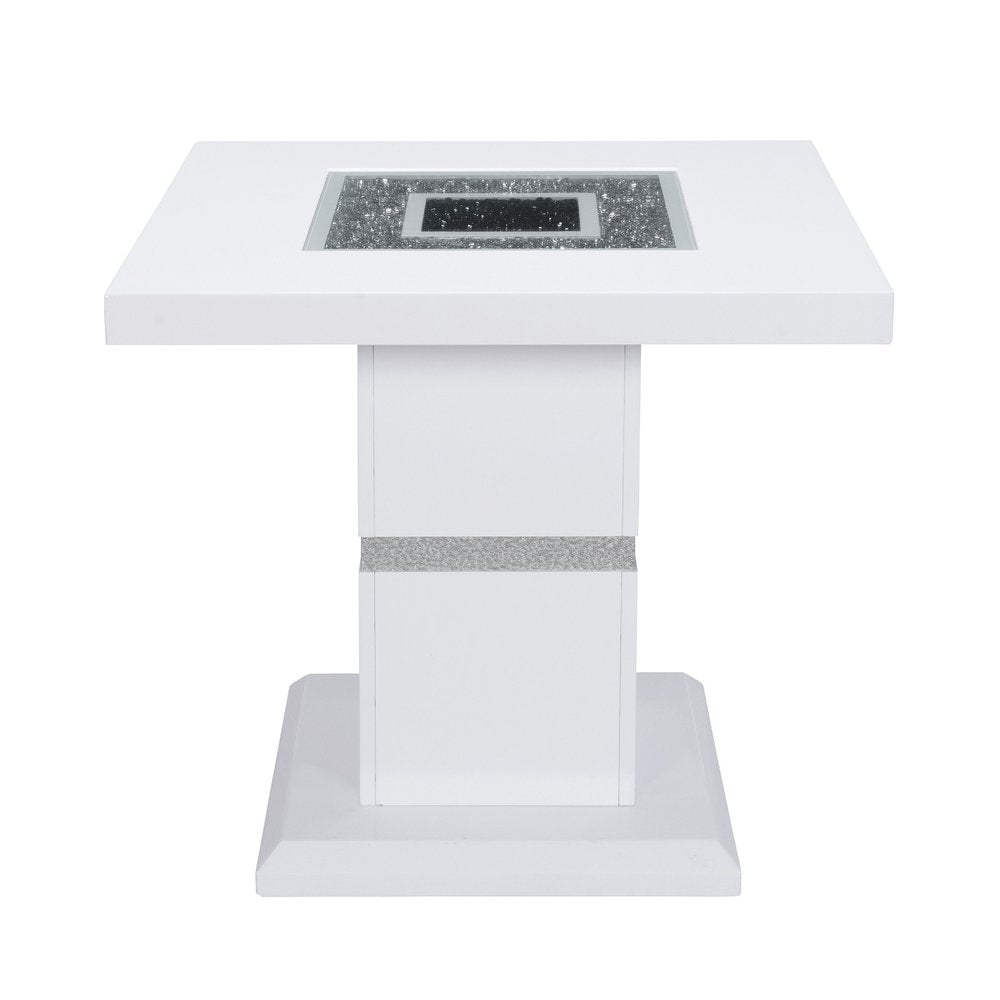 24" White and Silver Glass and Wood Faux Crystal Bling Square Pedestal End Table