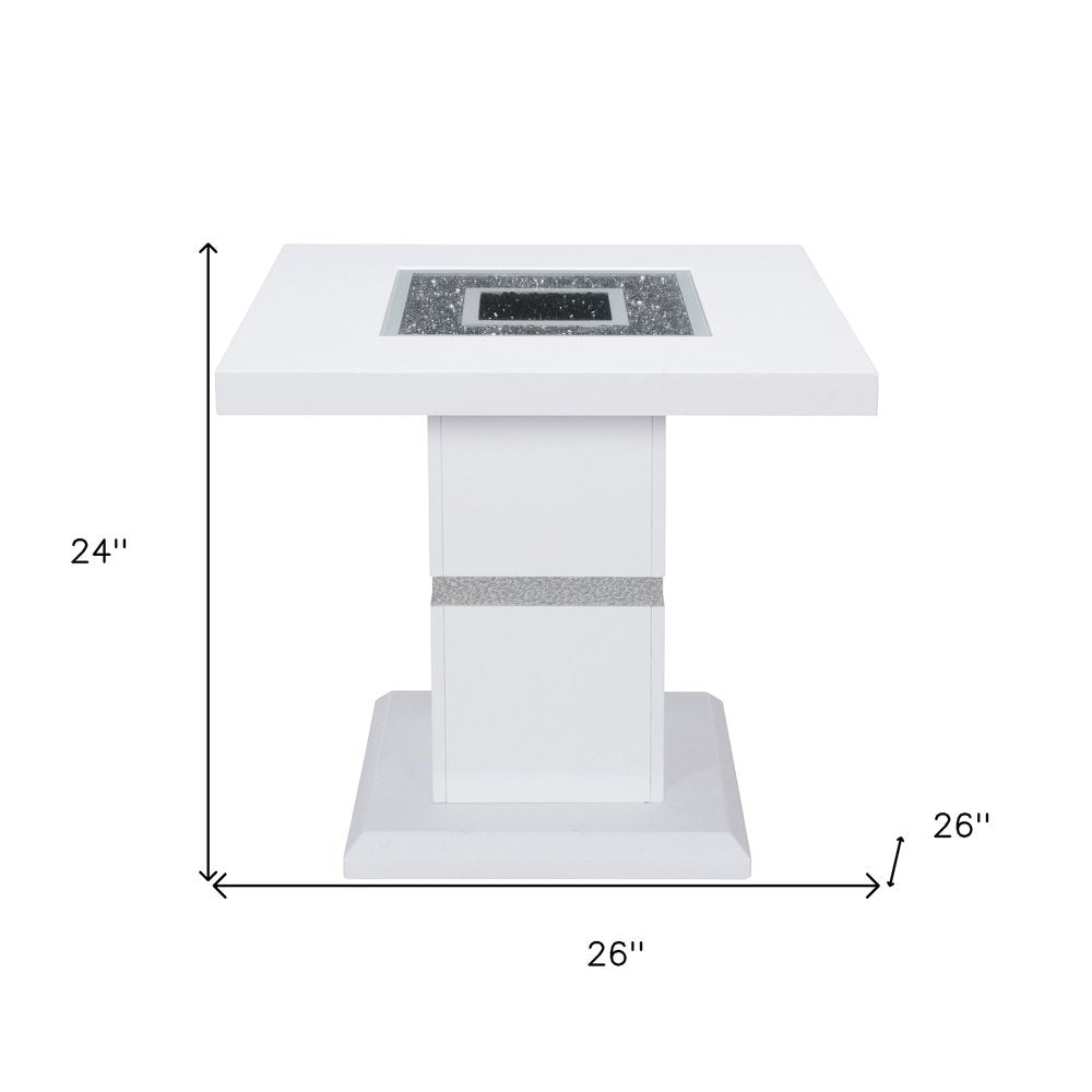 24" White and Silver Glass and Wood Faux Crystal Bling Square Pedestal End Table